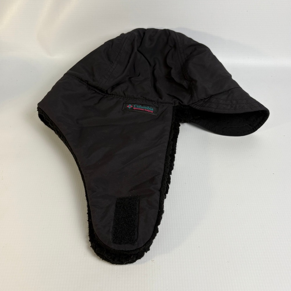 Columbia Sportswear Black Trapper Hat L/XL Made in USA Sherpa Lined Aviator Hat